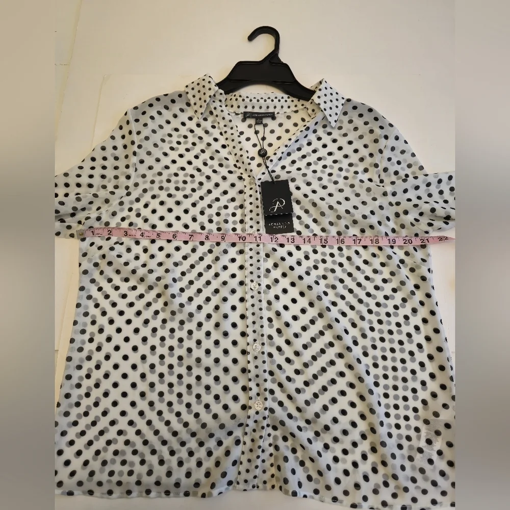 NWT Adrianna Papell Sheer Polka Dot Chiffon V Blouse Black White Size Large - Picture 10 of 17